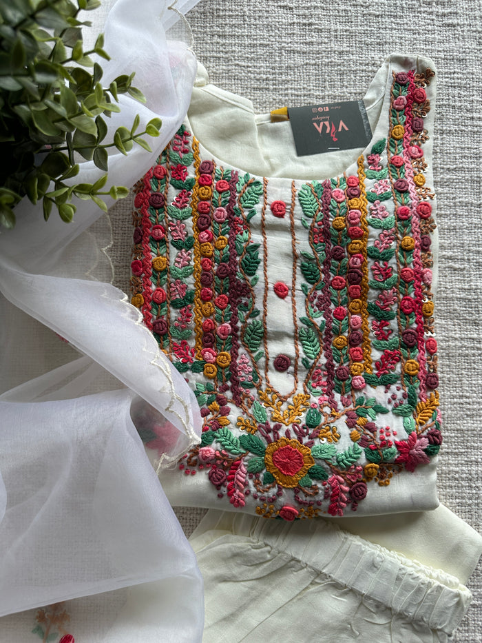 Cream french knot ready kurti pant set