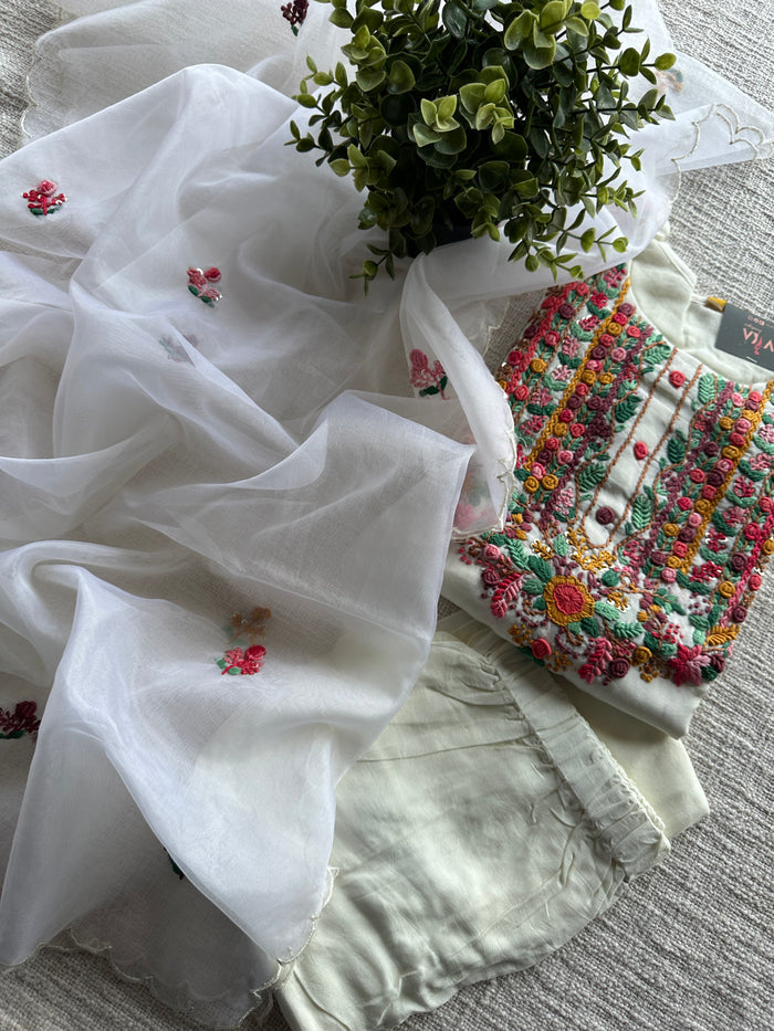 Cream french knot ready kurti pant set