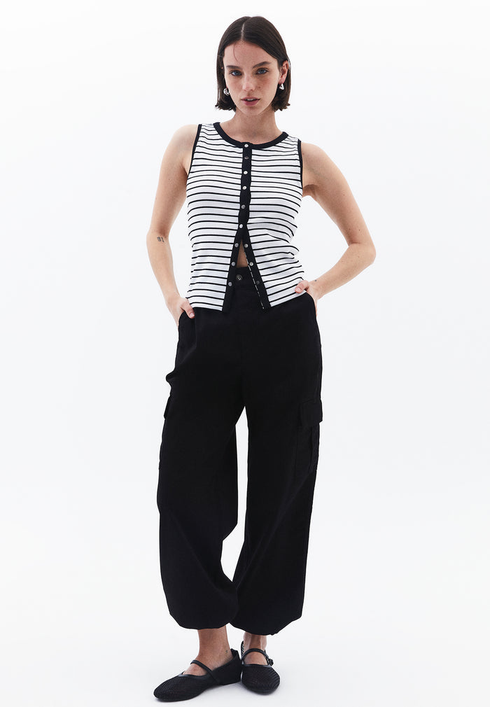 Crew Neck Striped Tank Top - WHITE/BLACK