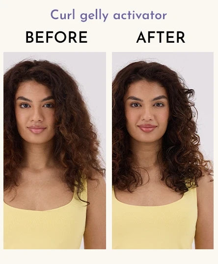 Before and after comparison of a woman's hair with Curl gelly activator spray and Wand