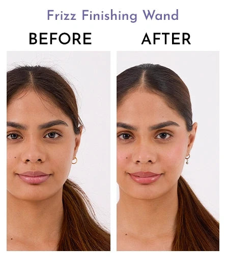 Before and after comparison of a woman's hair with Frizz Finishing Wand of Fix My Curls
