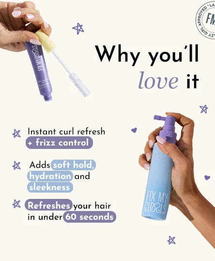 Curl Gelly Activator Spray and Frizz Finishing Wand Duo with text highlighting its benefits on a white background