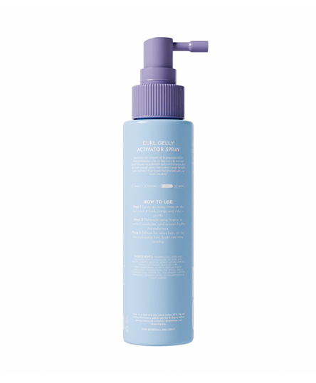 The backside of Fix My Curls'  Curl Gelly Activator spray is presented on a white background