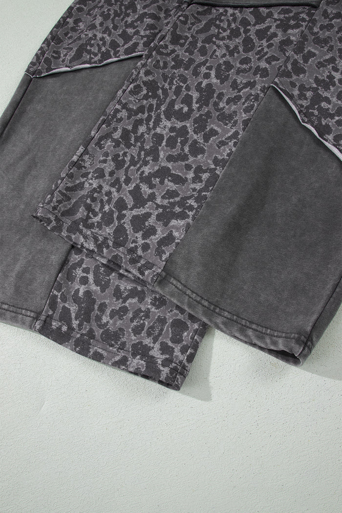 Dark Grey Plus Size Leopard Patchwork Mineral Wash Wide Leg Pants