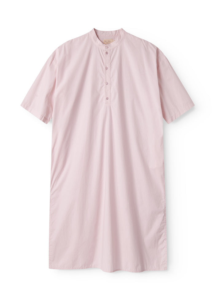 Red dress with short sleeves and a button-up closure.