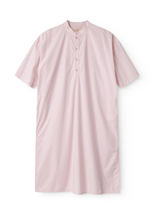 Red dress with short sleeves and a button-up closure.