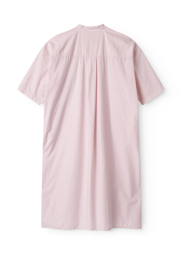 Red dress with short sleeves and a button-up closure.