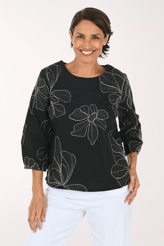 A smiling woman wearing a black three-quarter sleeve top with white floral embroidery, paired with white pants, against a plain white background.