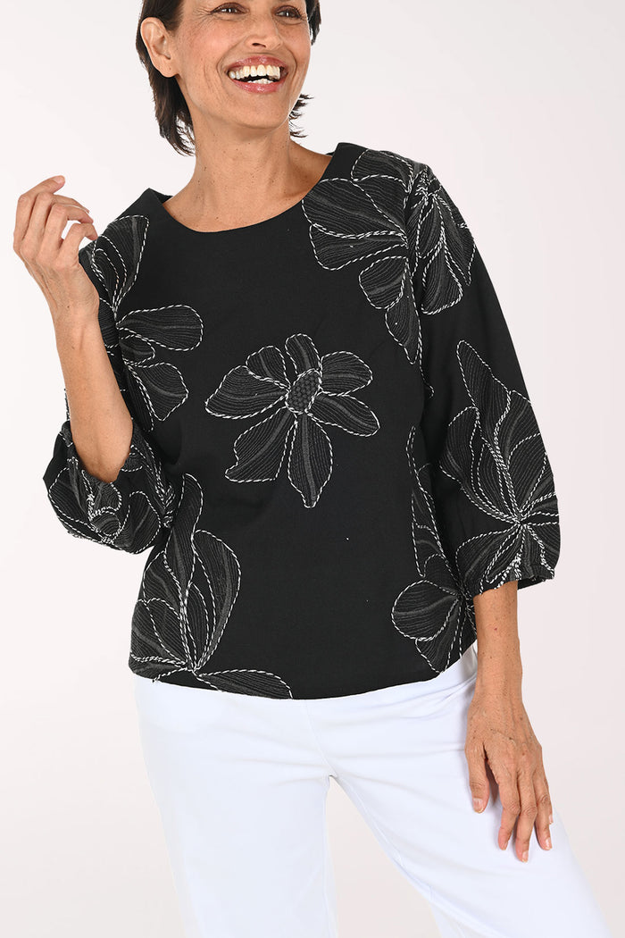 A smiling woman wearing a black three-quarter sleeve top with white floral embroidery, paired with white pants, against a plain white background.
