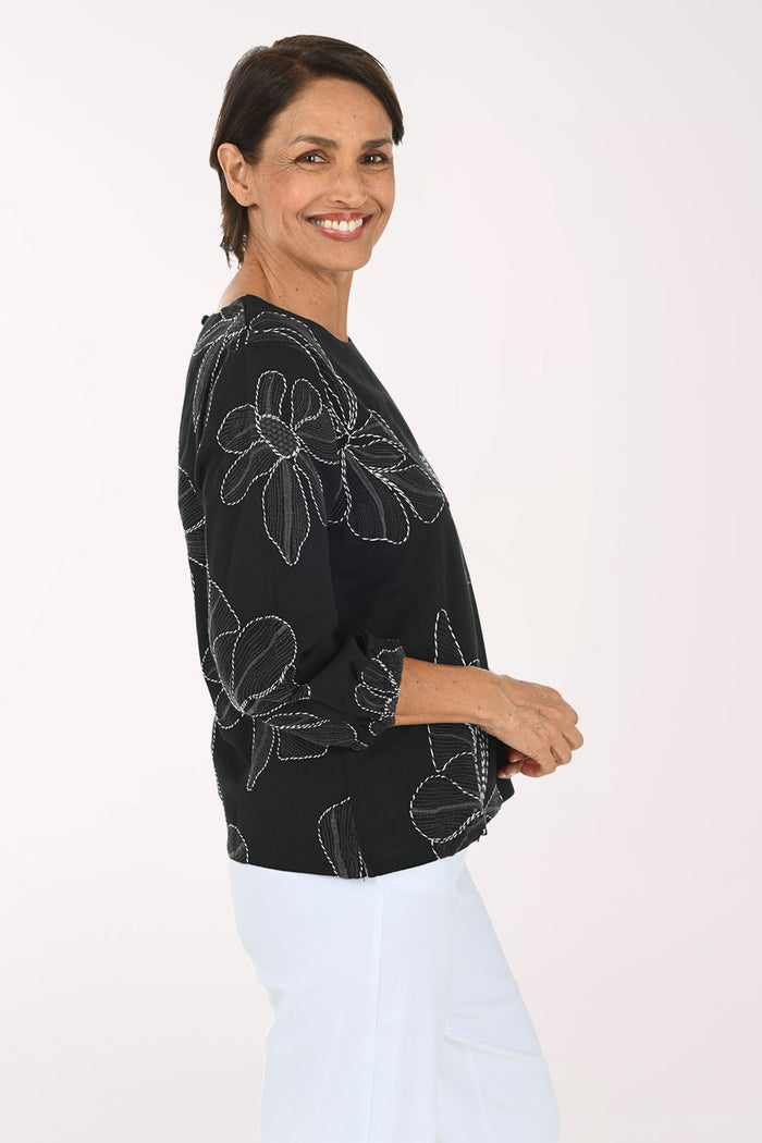 A smiling woman wearing a black three-quarter sleeve top with white floral embroidery, paired with white pants, against a plain white background.
