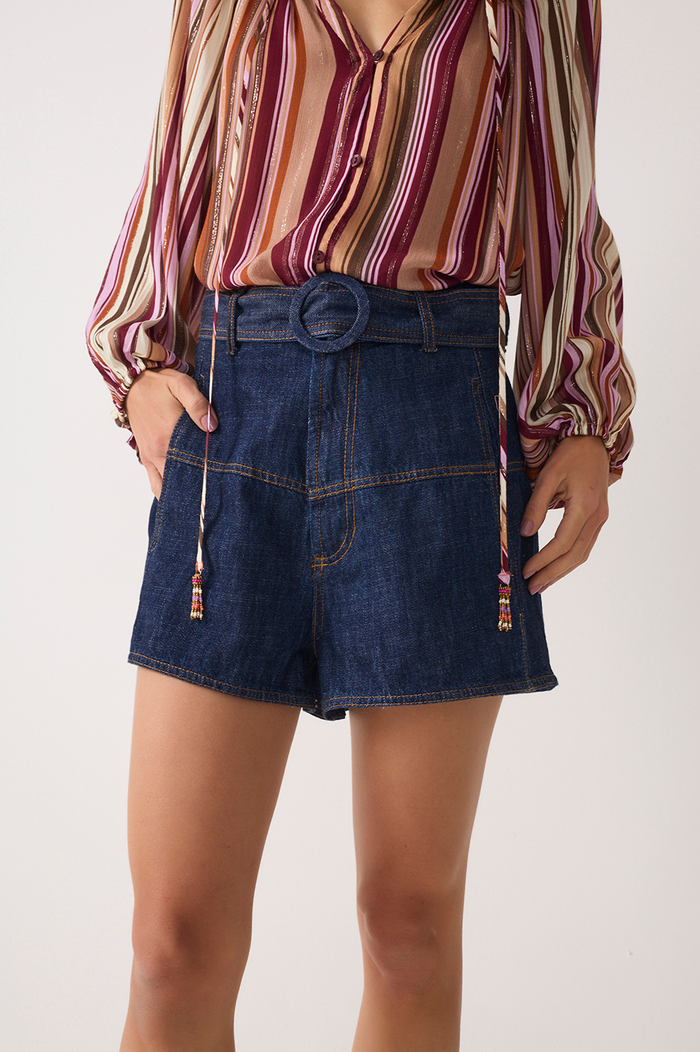 Denim Pockets Belt Loops Belted Shorts_4