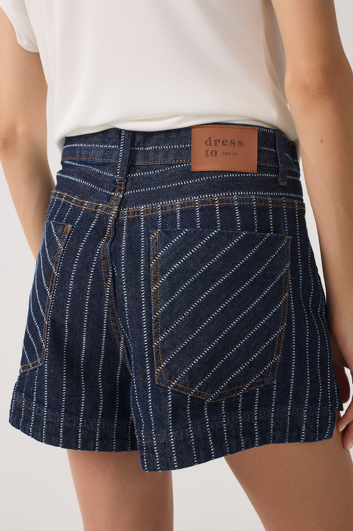 Denim Stripes Pockets Belt Loops Shorts_5