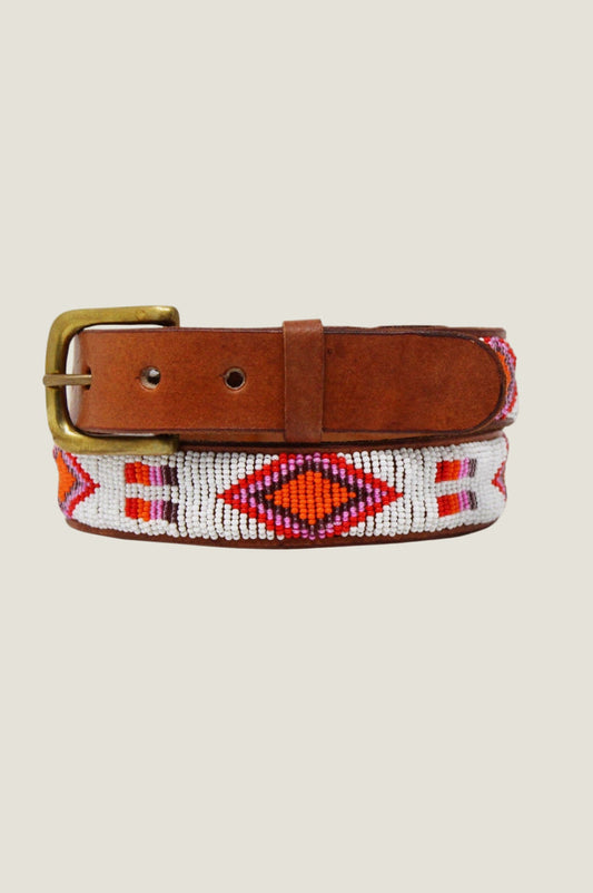 Diamond and Squares Unisex Leather Belt | White/Pink - Aspiga
