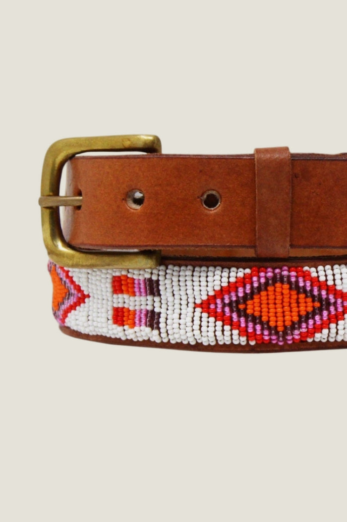 Diamond and Squares Unisex Leather Belt | White/Pink - Aspiga