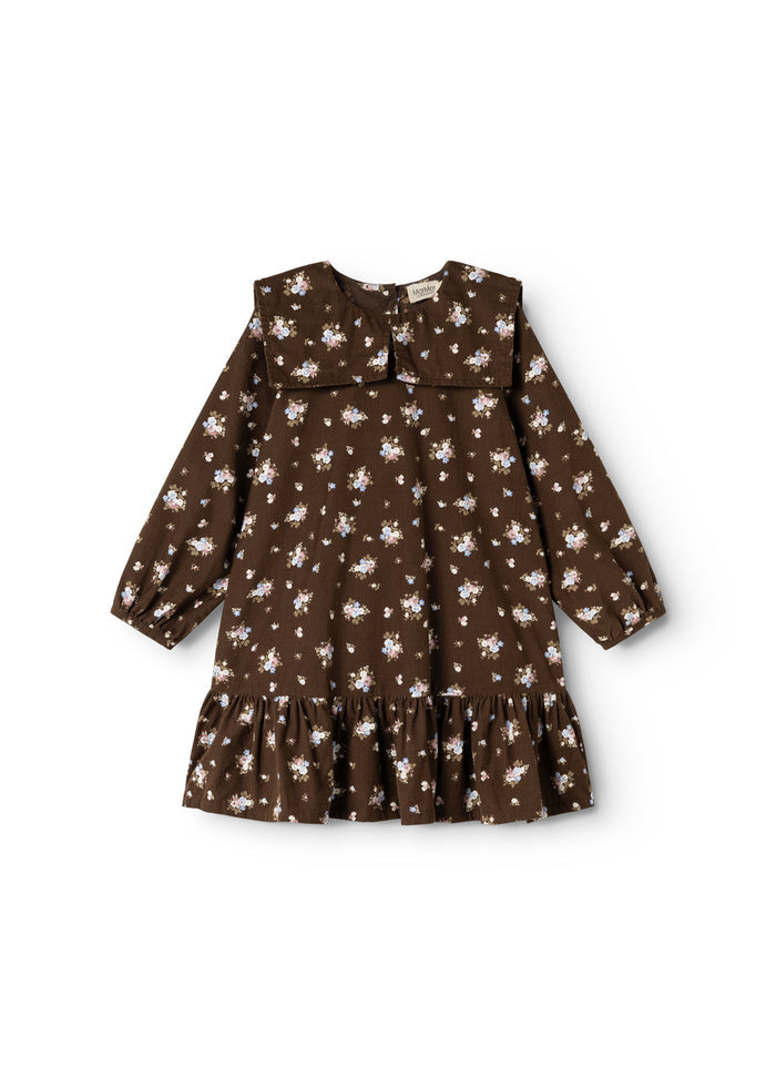 Brown dress with long sleeves, floral print and pleated skirt