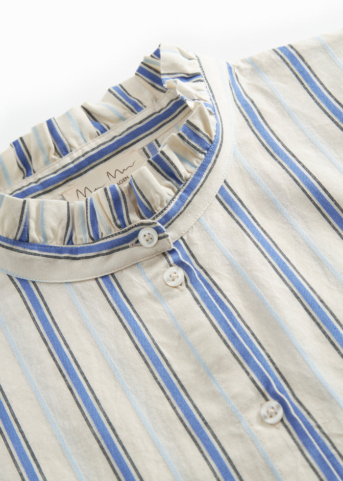 Detalje af stribet chambray-kjole med ståkrave, flæsekant og knapper