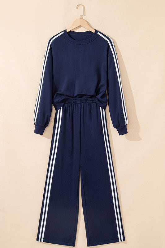 Dirty blue Varsity Striped Detail Crewneck Pullover Elastic Sweatpants 2pcs Outfit