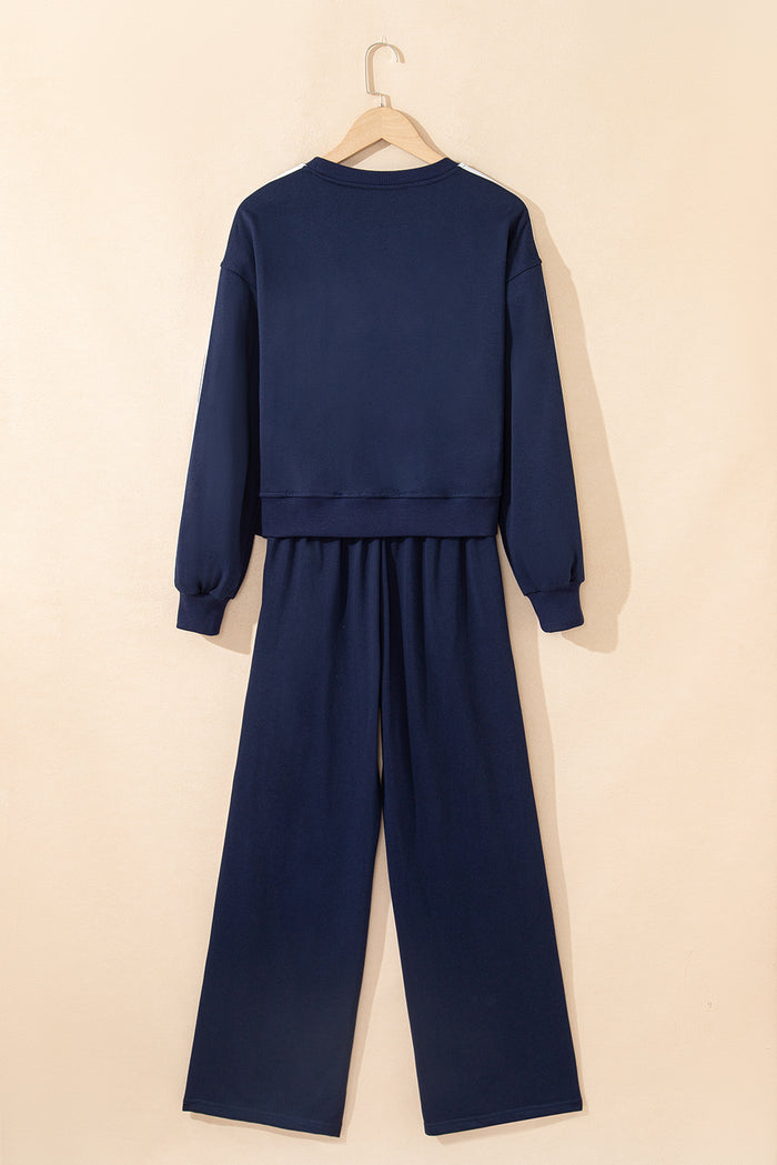 Dirty blue Varsity Striped Detail Crewneck Pullover Elastic Sweatpants 2pcs Outfit