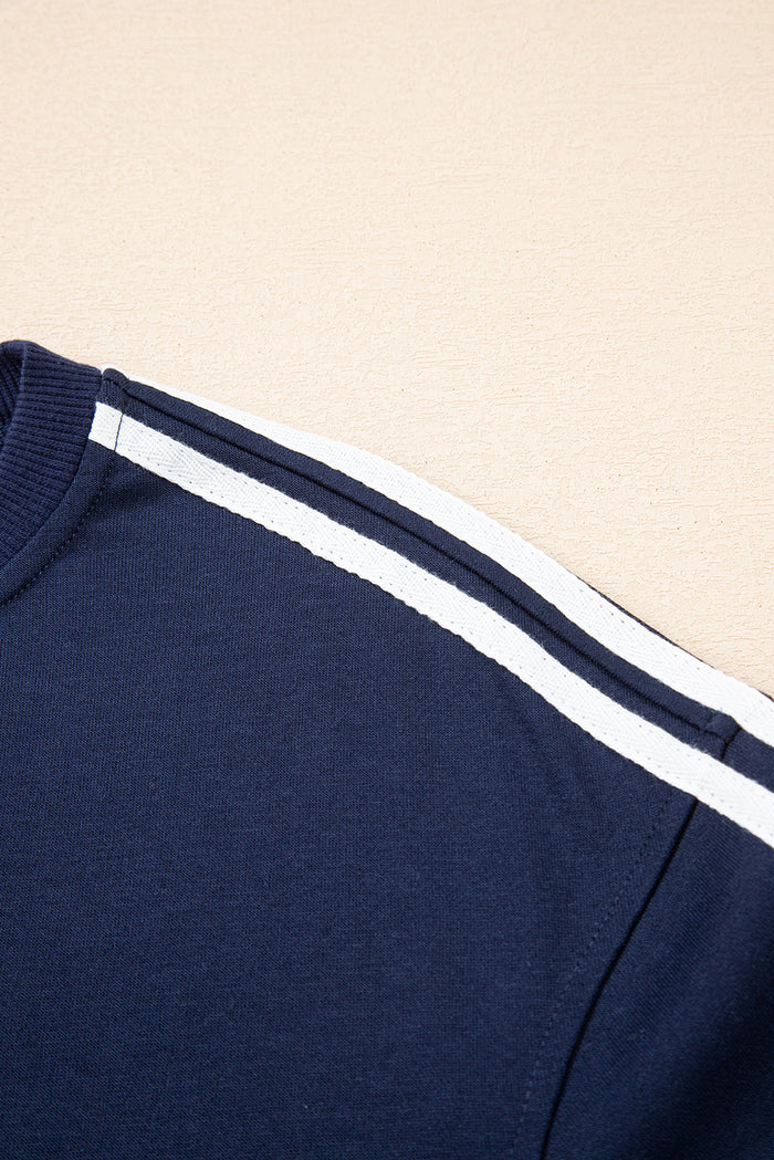 Dirty blue Varsity Striped Detail Crewneck Pullover Elastic Sweatpants 2pcs Outfit