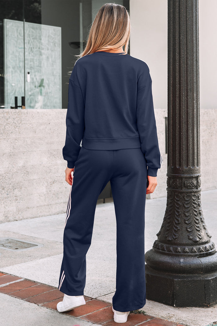 Dirty blue Varsity Striped Detail Crewneck Pullover Elastic Sweatpants 2pcs Outfit