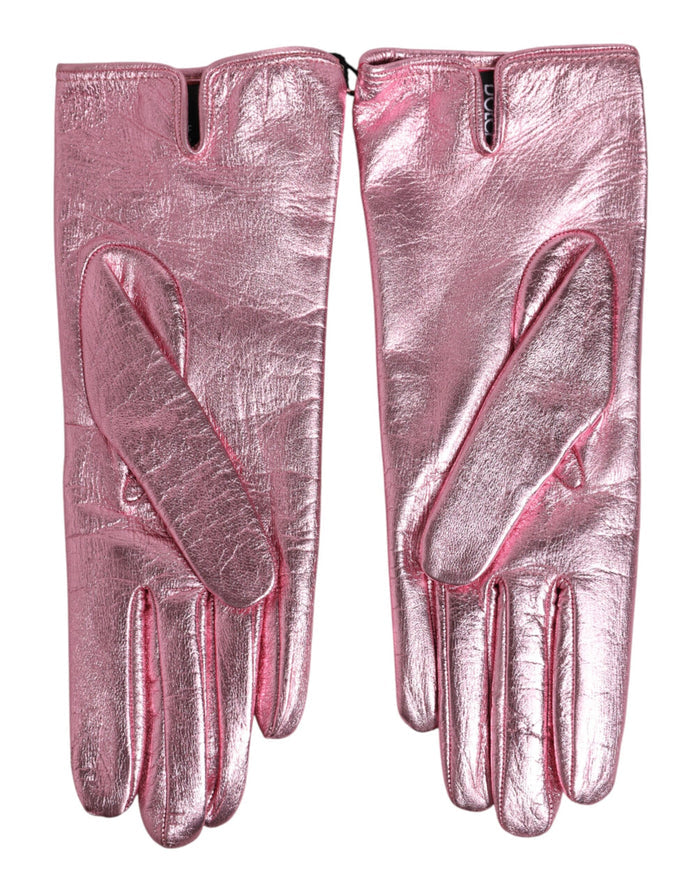 Dolce & Gabbana Pink Leather DG Logo Wrist Length Mitten Gloves