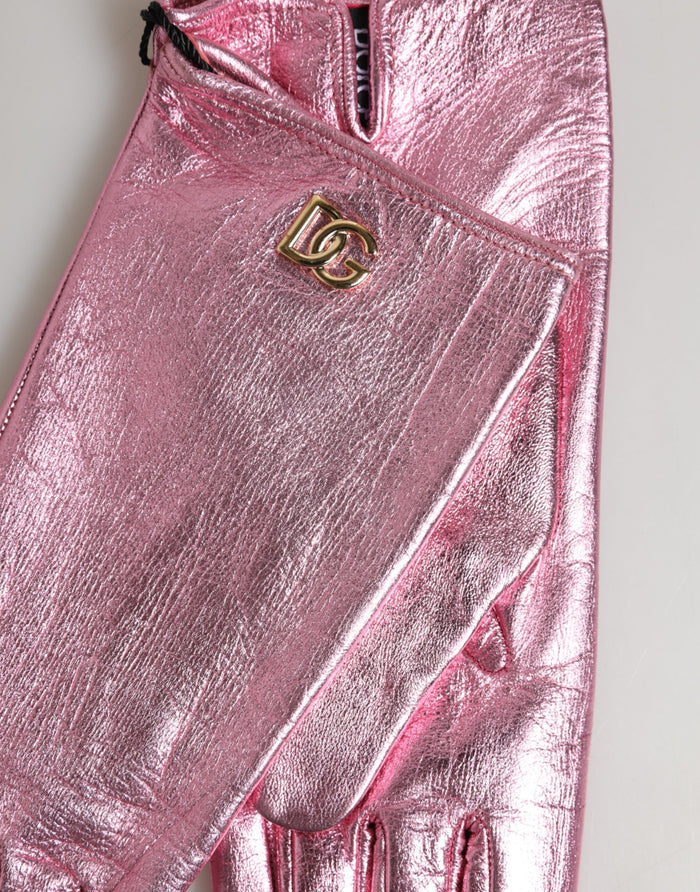 Dolce & Gabbana Pink Leather DG Logo Wrist Length Mitten Gloves