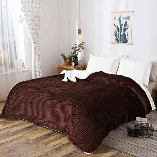 Double Layered AC Fleece Sherpa Blanket - Brown - Home Hatch