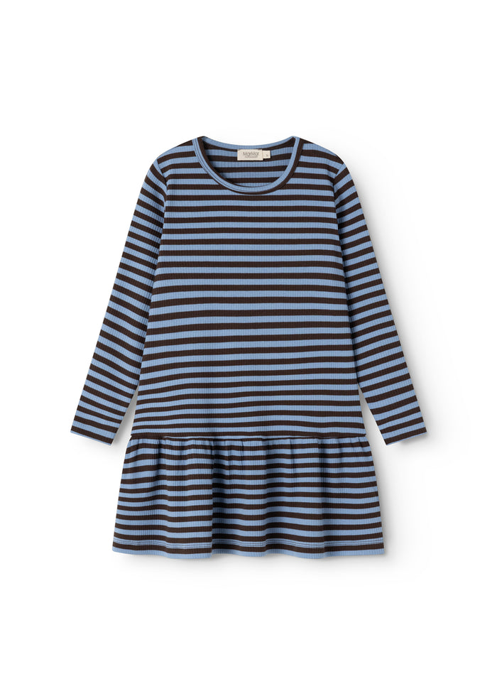 Long-sleeve dress with striped pattern in dark brown and light blue, round neckline.