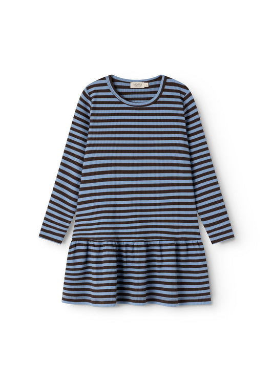 Long-sleeve dress with striped pattern in dark brown and light blue, round neckline.