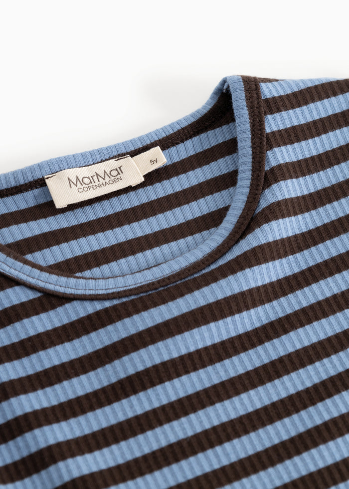 Dress in dark brown with light blue stripes, round neckline, and brand Marmar Copenhagen.