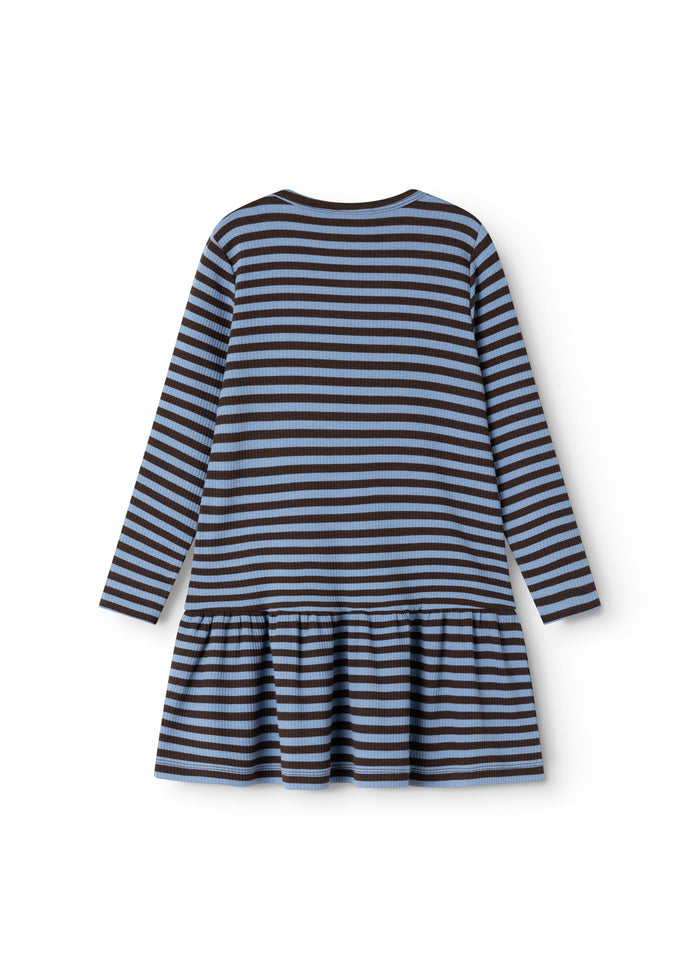 Dress in dark brown with light blue horizontal stripes, round neckline and pleated hem.