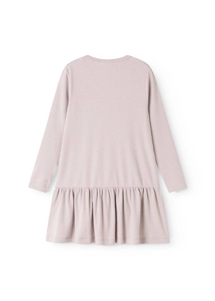 Light gray girls' dress with long sleeves and a pleated skirt, round neckline at the back.