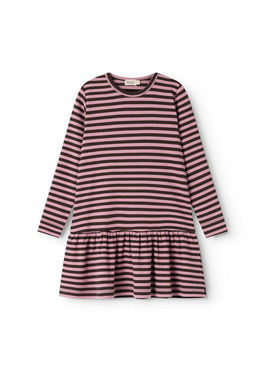 Striped sleeveless dress with round neckline and dark pink skirt with pleated edge.