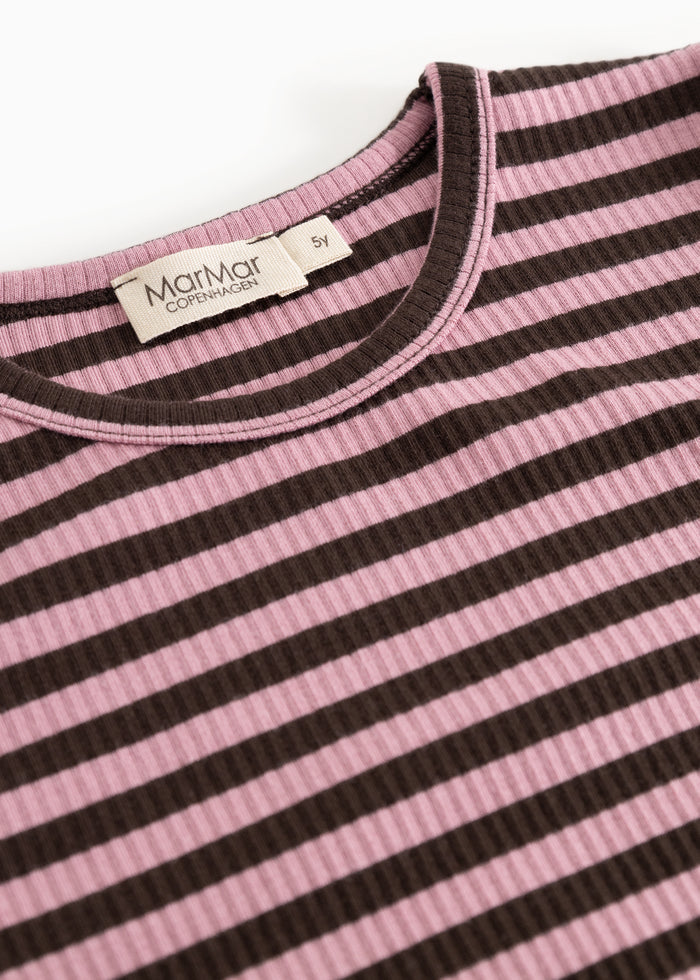 Striped dress with round neck and MarMar brand inside at the neckline.