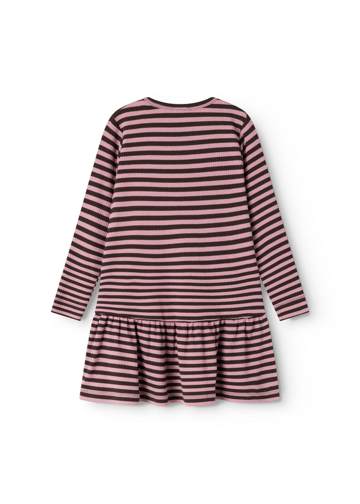 Striped long-sleeve dress with a round neck and a pleated skirt edge at the bottom.