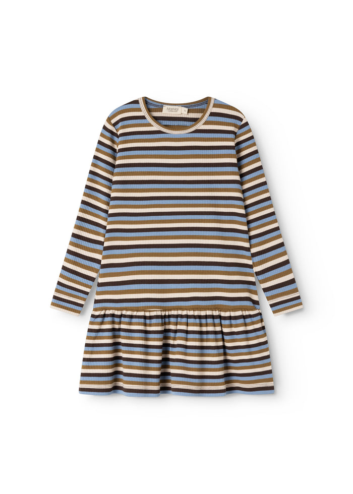 Striped dress with long sleeves, round neckline and pleated skirt in blue and brown stripes.