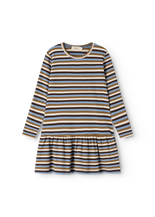 Striped dress with long sleeves, round neckline and pleated skirt in blue and brown stripes.