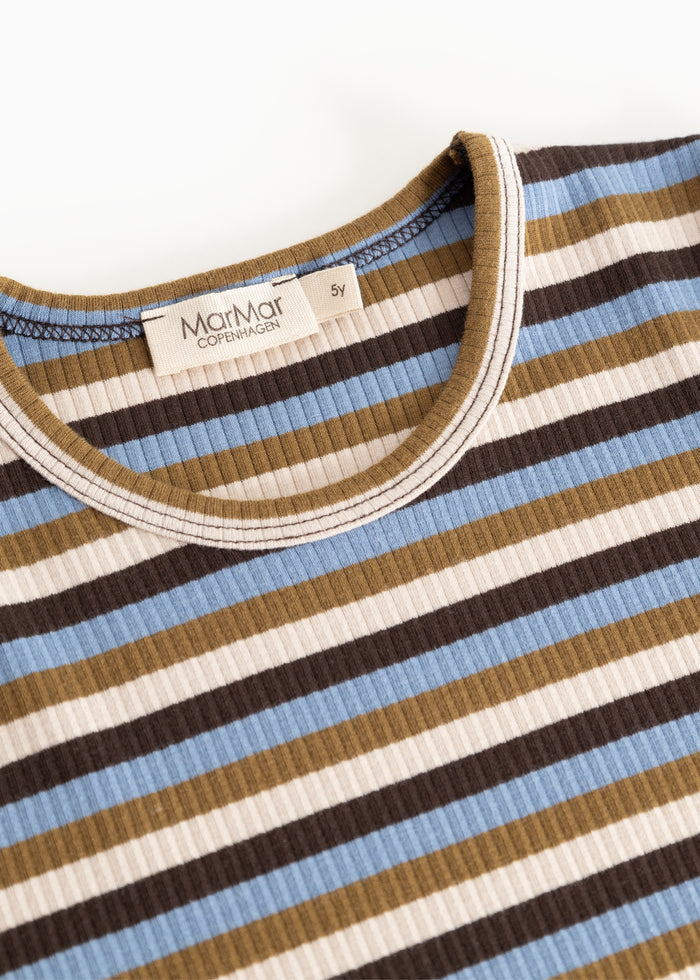 Striped dress with ribbed collar and MarMar Copenhagen label; blue, brown and beige stripes.
