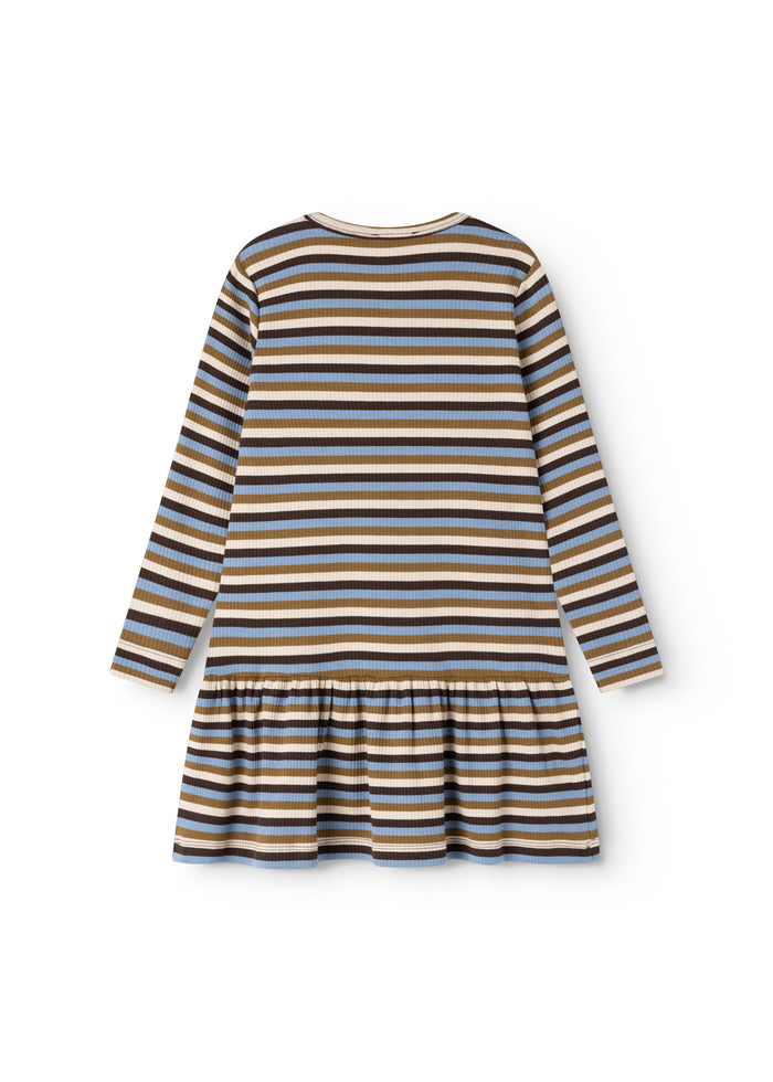 Striped dress with round neck, long sleeves and pleated skirt seen from behind.