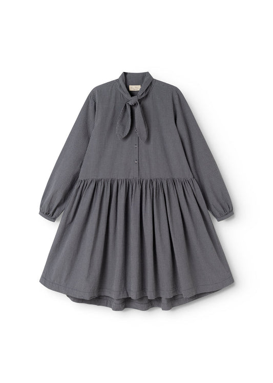 Dark gray dress with a bow at the neckline, button closure and pleated skirt.
