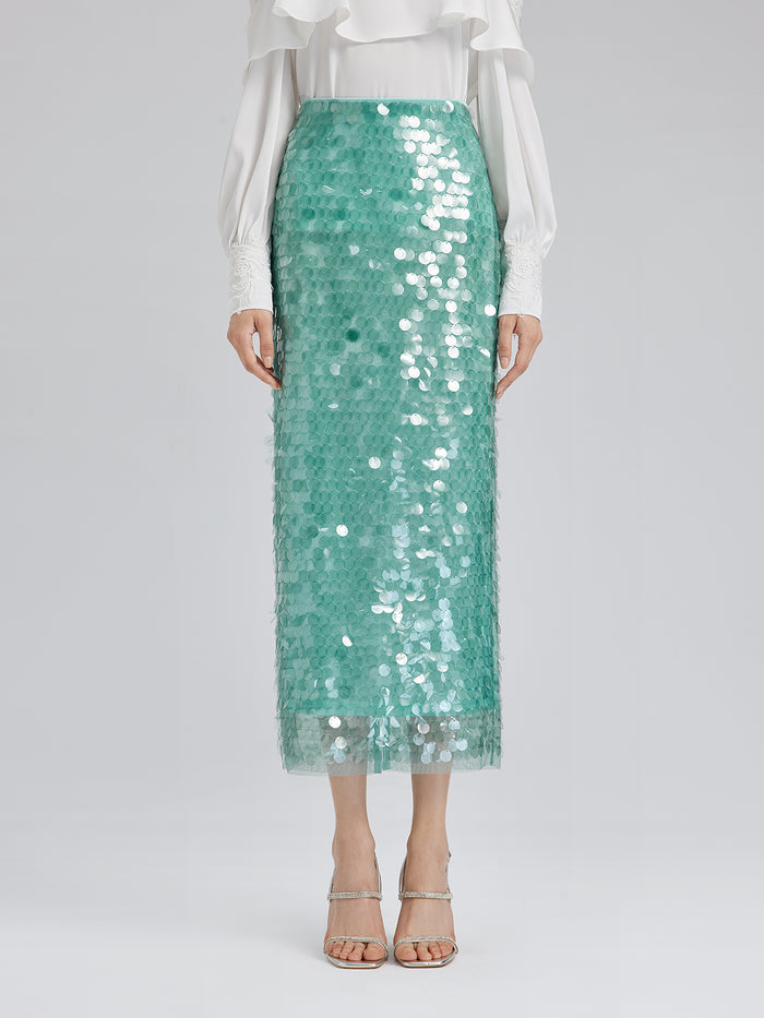 Elastic Sequin Mermaid Mint Skirt