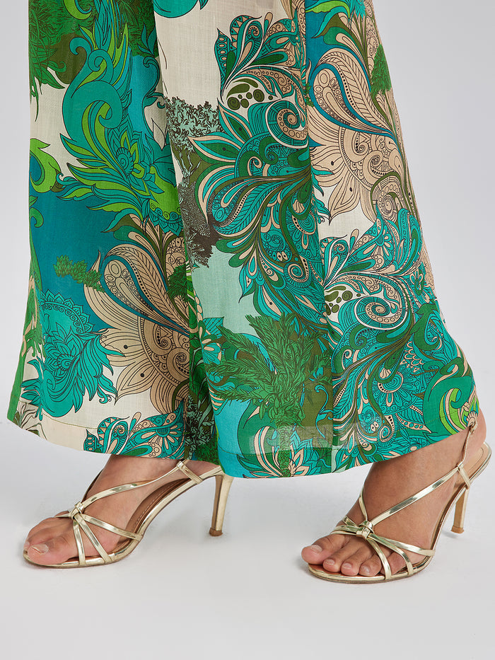 Elastic Waist Floral Printed Ramie Pants