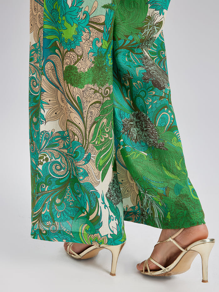 Elastic Waist Floral Printed Ramie Pants