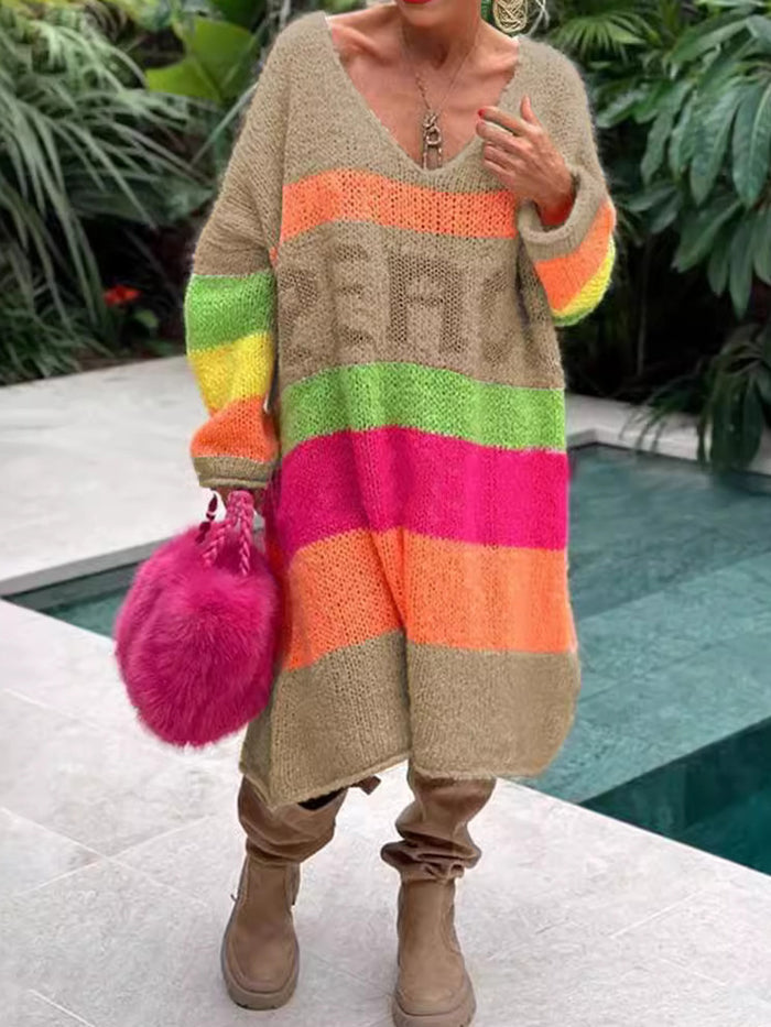 Elviana - Robe Pull en Cachemire à Blocs de Couleurs