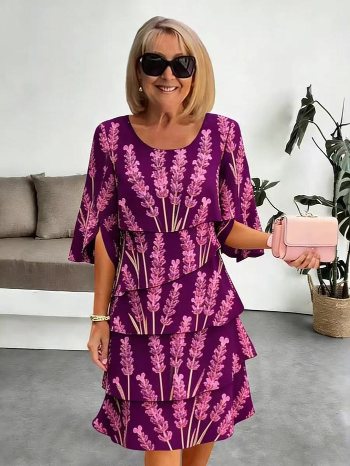 Elyvane - Robe femme mi-longue à volants imprimé floral manches fendues