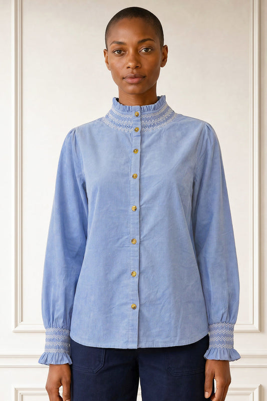 Embroidered Smocked Baby Cord Blouse | Ice Blue