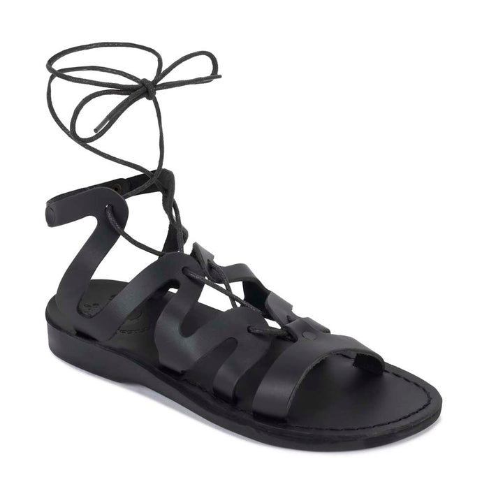 Emma black, handmade leather sandals with back strap and toe loop - Front View
