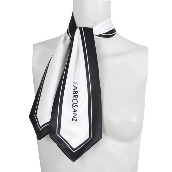 satin logo neck scarf, black and white fashion scarf, FabroSanz branded accessories, minimalist silk scarf, women’s formal tie scarf, monochrome fashion accessory, office-ready scarf South Africa, luxury fashion neckwear
