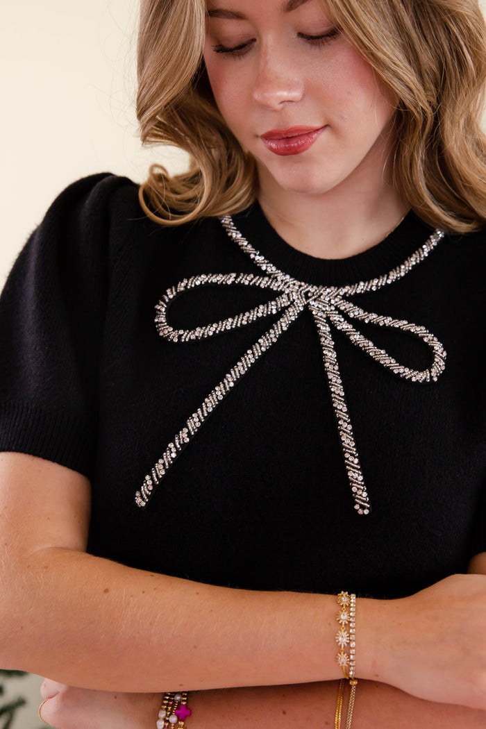 Elegant Sweater with Beaded Ribbon Design- Holiday Party Sweater- She + Sky Beaded Bow Sweater