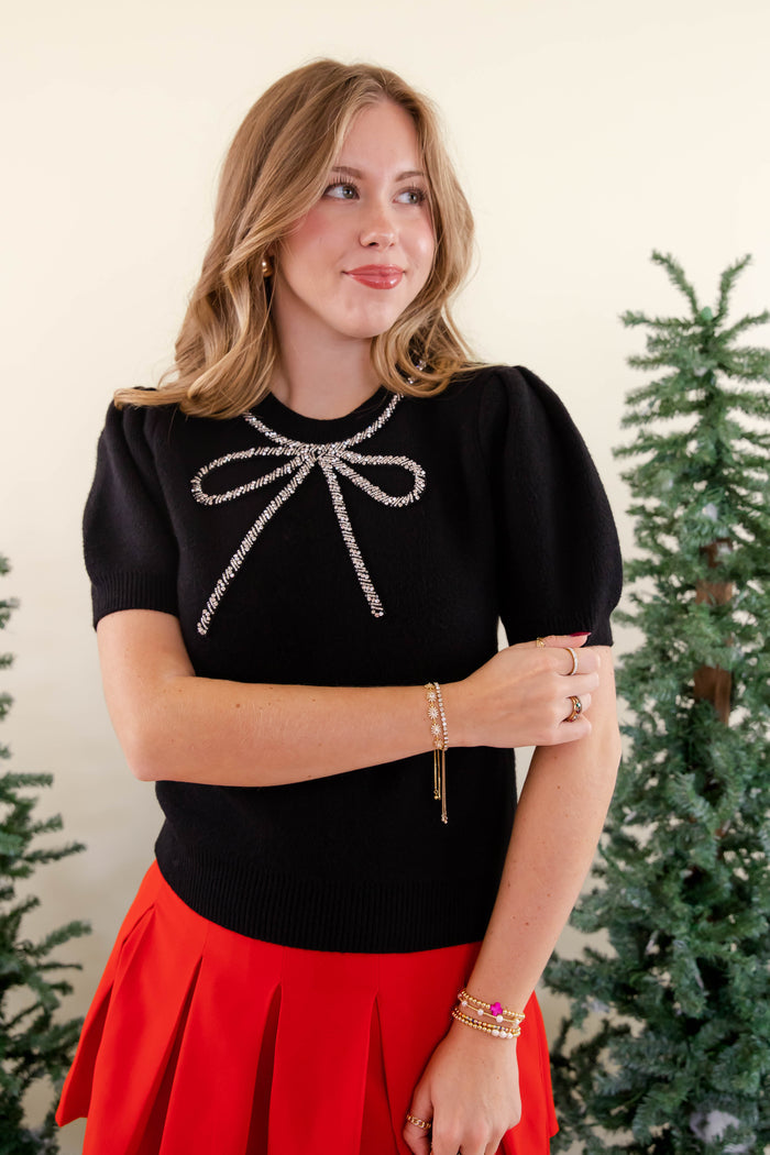 Elegant Sweater with Beaded Ribbon Design- Holiday Party Sweater- She + Sky Beaded Bow Sweater